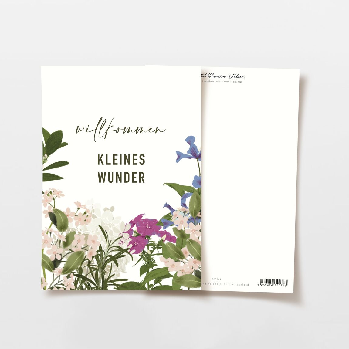 Postkarte 'Willkommen kleines Wunder' mit Blumen