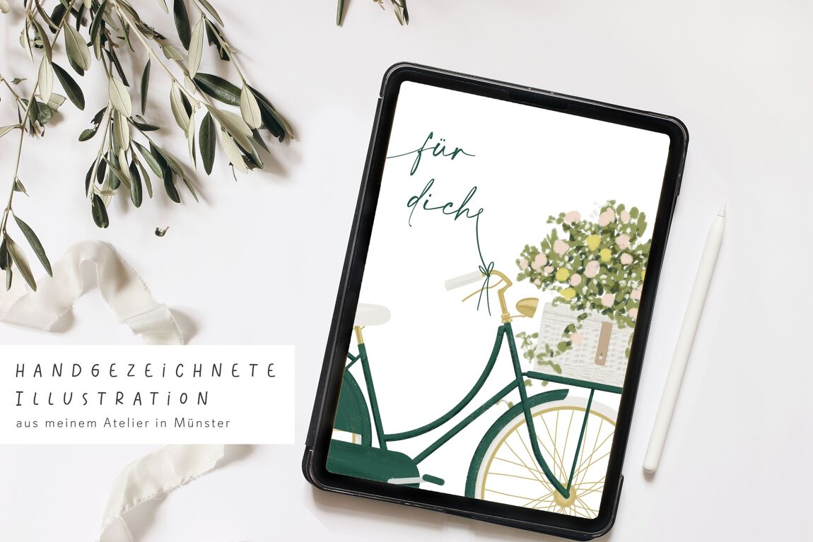 Postkarte 'für dich' Fahrrad mit Blumen, dunkelgrünes Nostalgie Rad