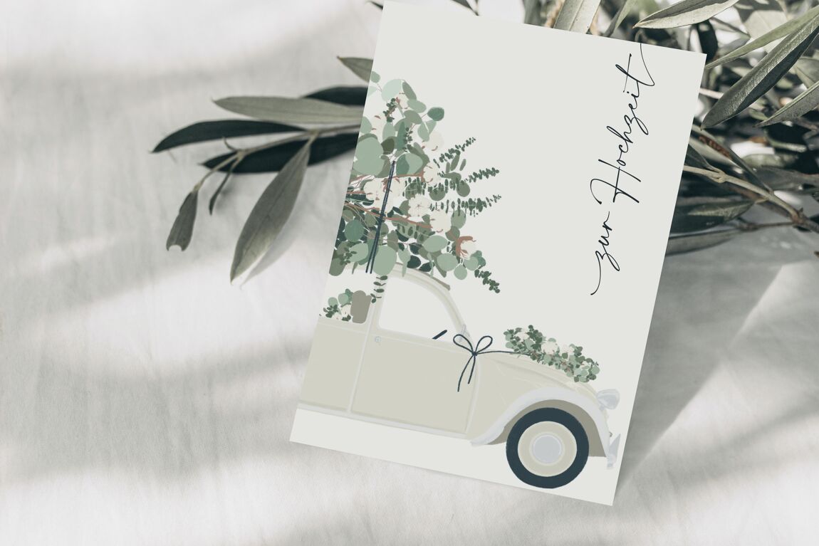 Postkarte zur Hochzeit süßes Boho Auto creme mit Eukalyptus