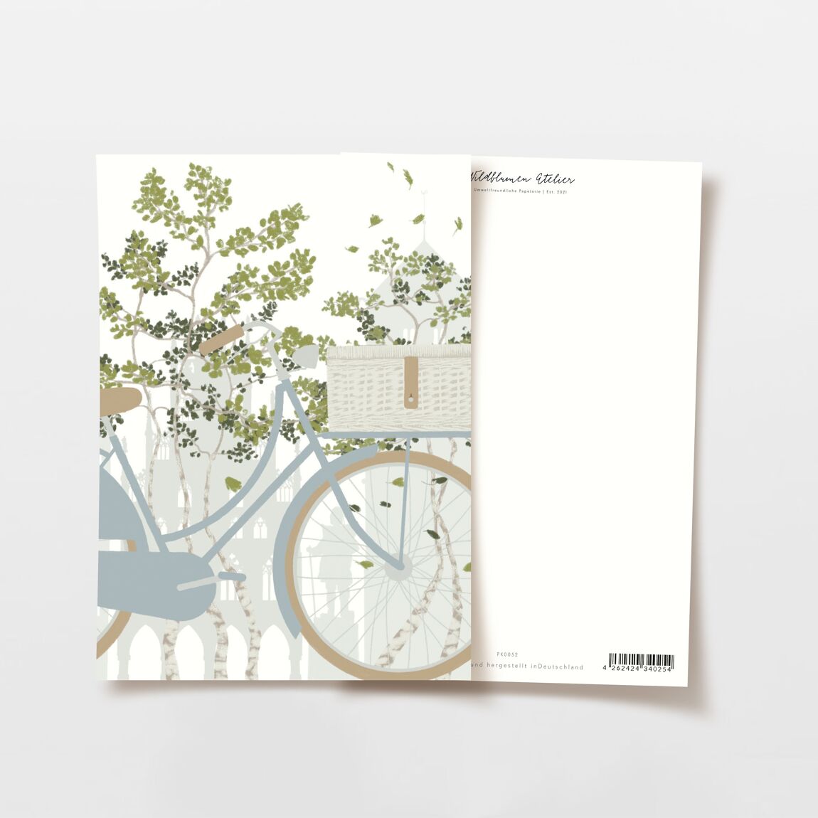  Postkarte Fahrrad Picknick Korb und Bäume 