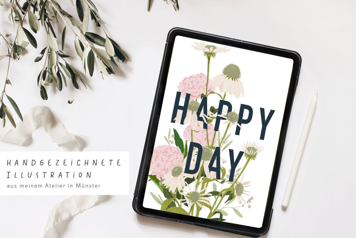 Postkarte Happy Day Lettering mit Blumen