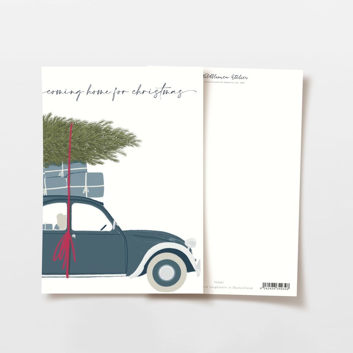 Postkarte Weihnachtsauto mit Geschenken und Baum