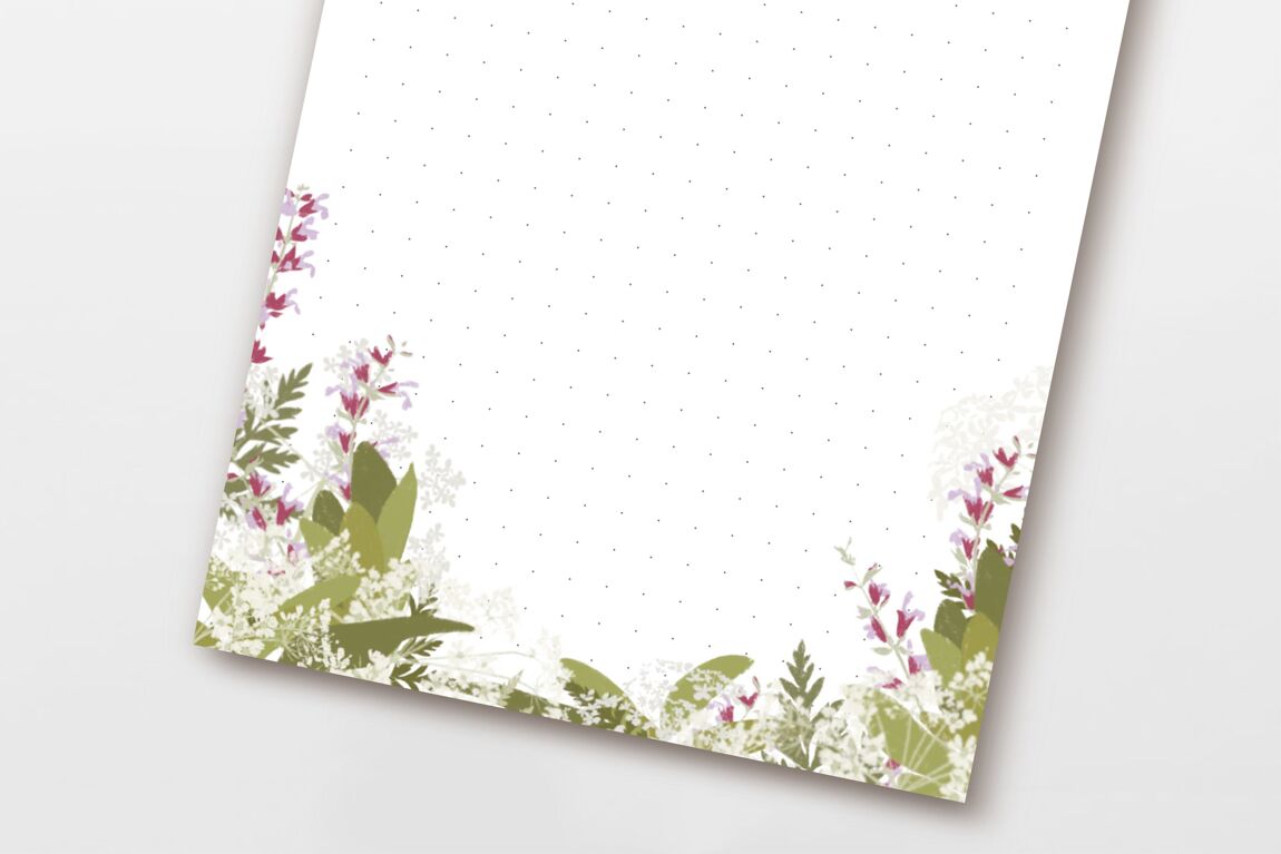 Notizblock 50 Blatt DIN A6 Dot Grid, weiße und lila Salbei Blumen Illustration