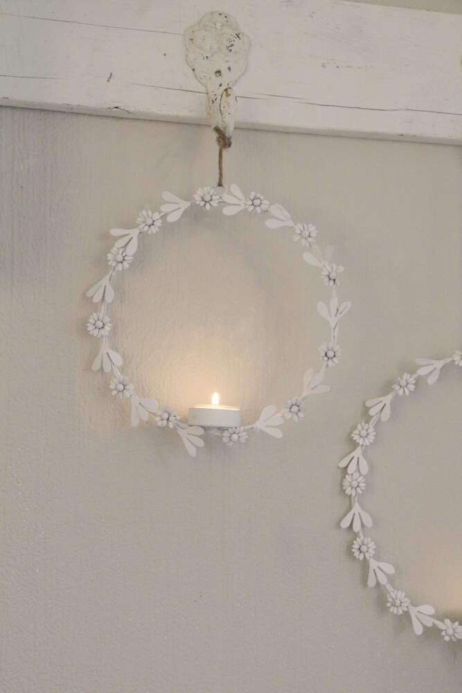 Kranz weiss mit Blümchen für Teelicht 19,5cm aus Metall klein