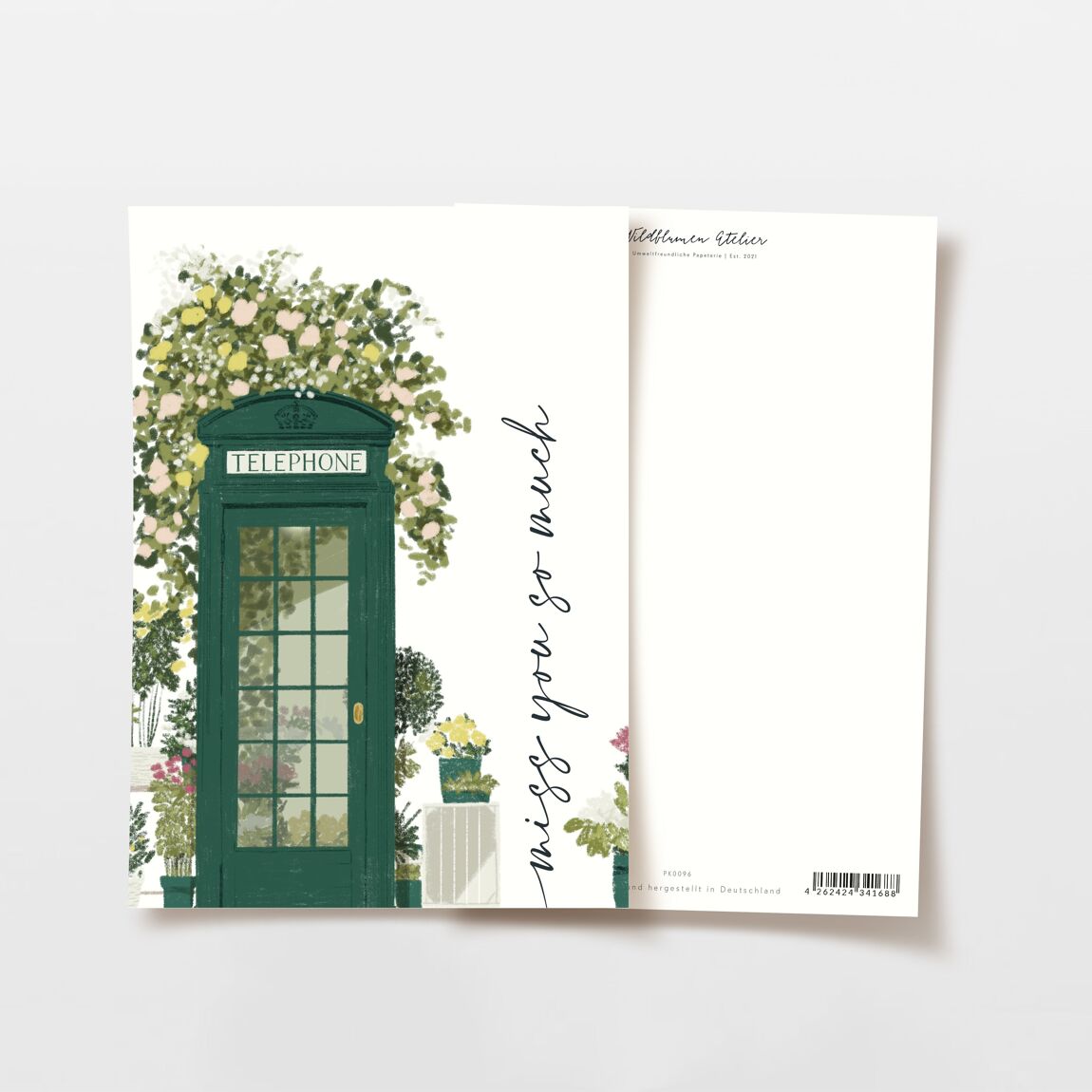 Postkarte englische Telefonzelle mit Blumen 'miss you so much'