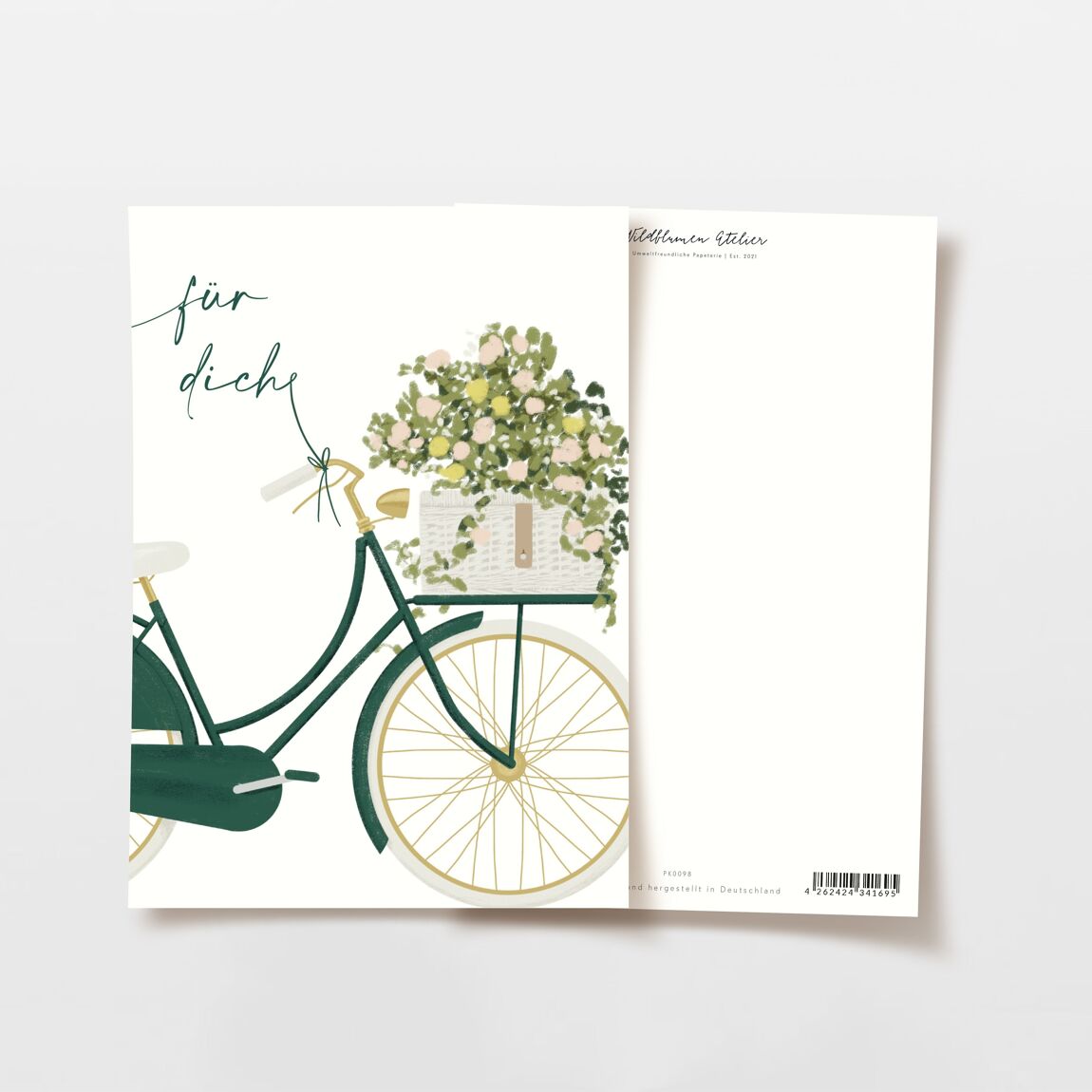 Postkarte 'für dich' Fahrrad mit Blumen, dunkelgrünes Nostalgie Rad