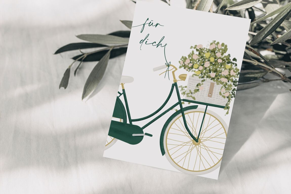 Postkarte 'für dich' Fahrrad mit Blumen, dunkelgrünes Nostalgie Rad