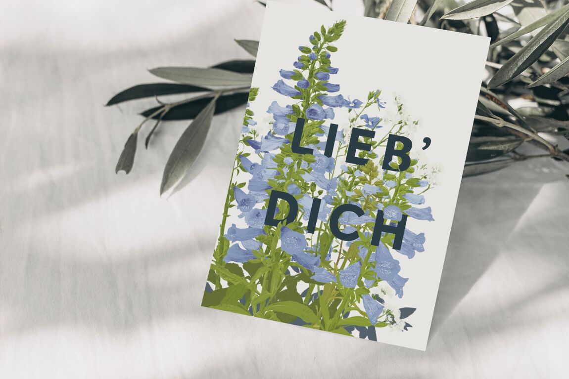 Postkarte 'lieb dich' blaue Wildblumen