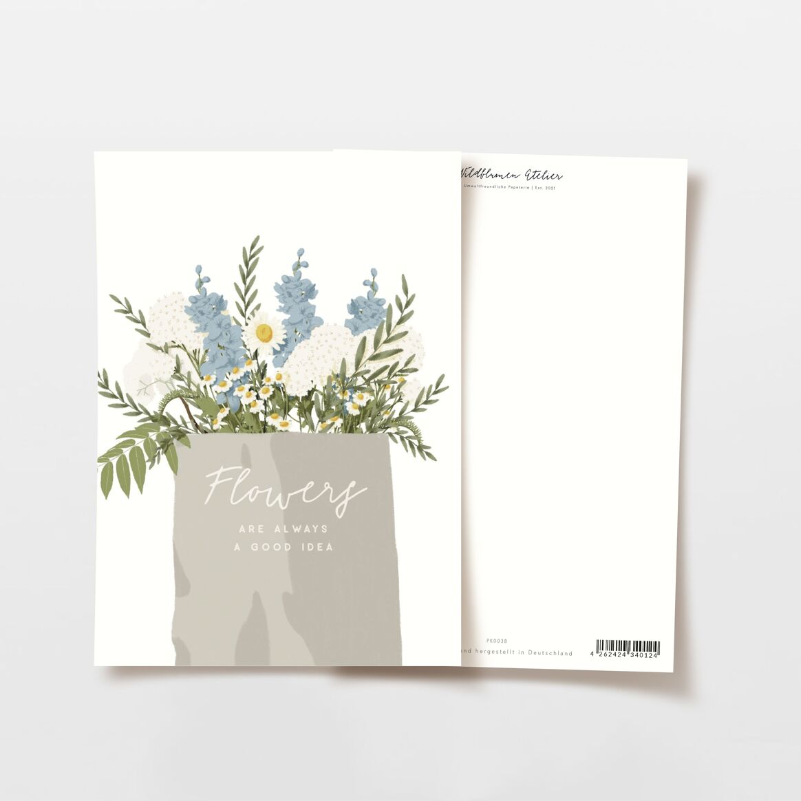 Postkarte Tüte mit Blumen Blau und Weiß