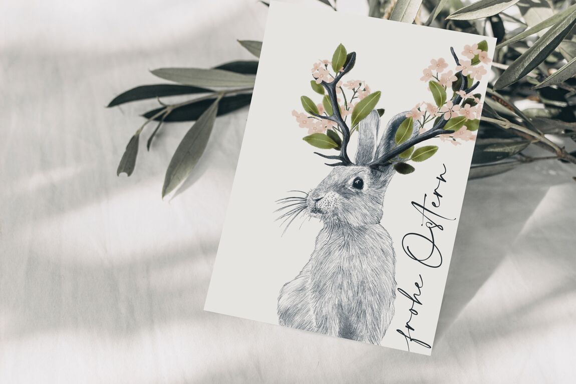 Postkarte Frohe Ostern Hase mit Blumen