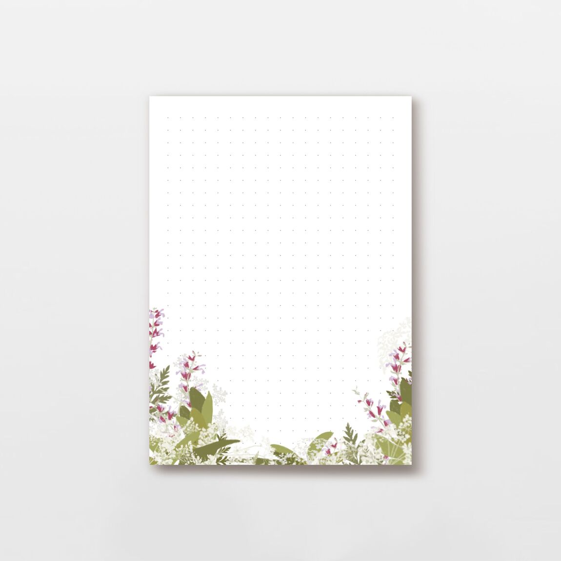 Notizblock 50 Blatt DIN A6 Dot Grid, weiße und lila Salbei Blumen Illustration