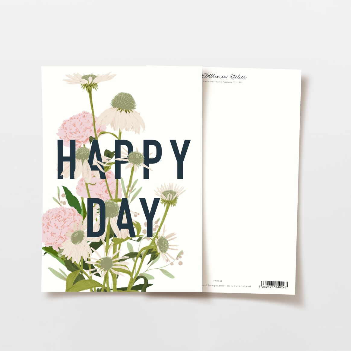 Postkarte Happy Day Lettering mit Blumen