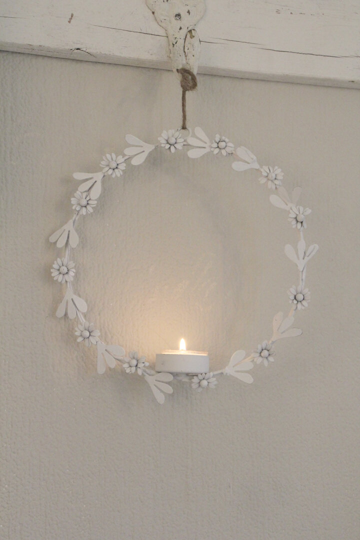 Kranz weiss mit Blümchen für Teelicht 24cm aus Metall mittel